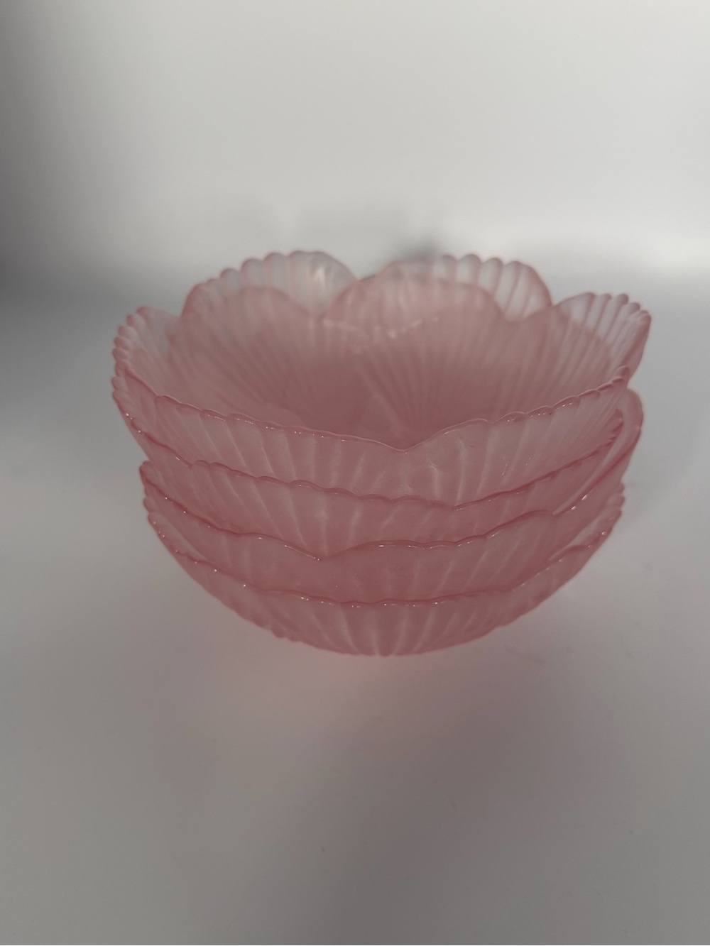 Vintage Pink Glass Flower Petal Scalloped Ribbed Bowls Set of 4